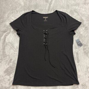 TORRID Women's Super Soft Rib Lace Up V-Neck Black Short Sleeve Top 3X Plus